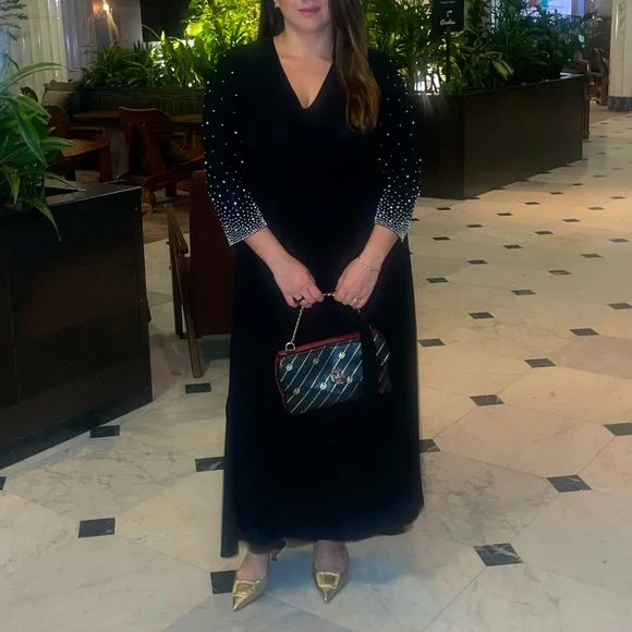 MSK Black Midi Dress with Pearl Embellished Sleeves β Size L (Worn Once) - Picture 9 of 9